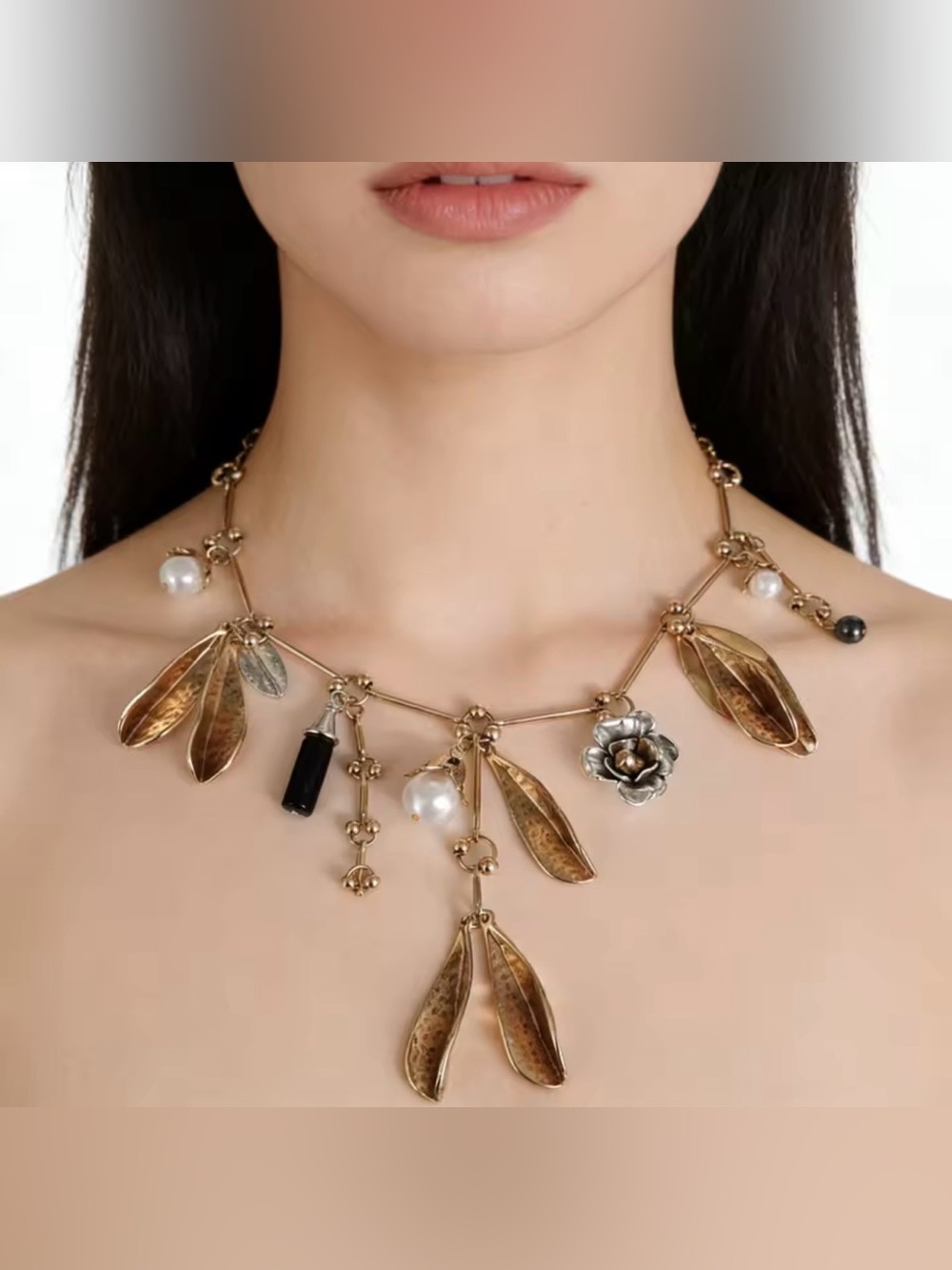 Artisan Charm Statement Necklace – Gold-Tone Leaves, Pearls & Floral Accents